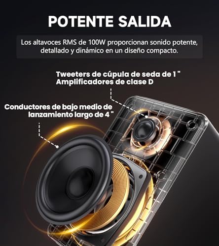 Colunas de estante M90, colunas de secretária RMS de 100W, áudio de alta resolução, LDAC, colunas compactas Bluetooth 6.0, entrada HDMI eARC/ótica/USB-C/AUX, Comando Remoto para TV/PC - Preto
