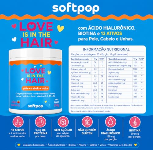 Softpop Love is in the Hair | Colágeno Hidrolisado com Ácido Hialurônico, Biotina, Vitamina C, Zinco e 9 Aminoácidos | Pele, Cabelo e Unhas | 200g