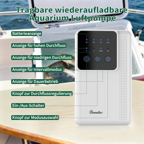 Boadw Aquarium Air Pump, Rechargeable Oxygen Pump with 2200mAh or 4400mAh Battery for Outdoor Fishing and Power Outages, Nano Mini Aquarium Accessories with Bubble Stone