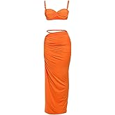 longlugoo Women's Two Piece Skirt Sets Summer Beach Sexy Ruched Backless Cami Top And Cut Out Skirt Night Out Dress