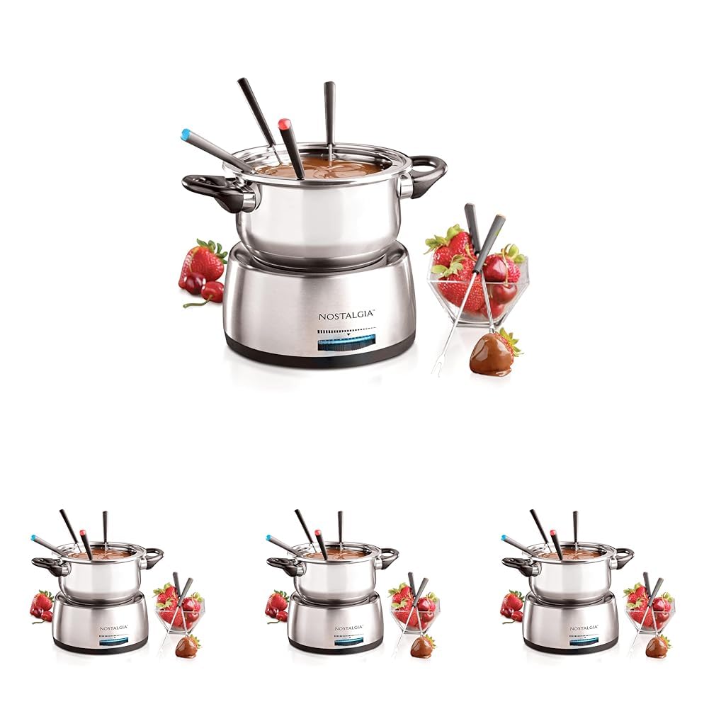 Nostalgia 6-Cup Electric Fondue Pot Set for Cheese & Chocolate - 6 Color-Coded Forks, Temperature Control - Stainless Steel Kitchen Gadgets and Appliances for Hors d'Oeuvres and More (Pack of 4) Image
