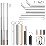 11 Packs Collapsible Reusable Drinking Straws Set, 3 Telescopic Stainless Steel Metal Straw with Case, 8 Dishwasher Safe Long Straws for 30oz 20oz Tumbler Cups, Include Cleaning Brushes & Pouch