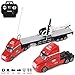 RC Truck 1:20 Scale Battery Operated Big Rig Semi Long Hauler Trailer with Helicopter Detachable Flatbed Transporter Toy Truck with Lights & Sounds, Ideal for Kids, Red