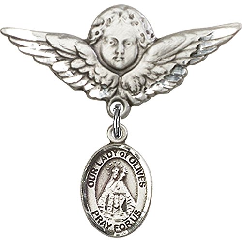 Sterling Silver Baby Badge with Our Lady of Olives Charm and Angel w/Wings Badge Pin 1 1/8 X 1 1/8 inches