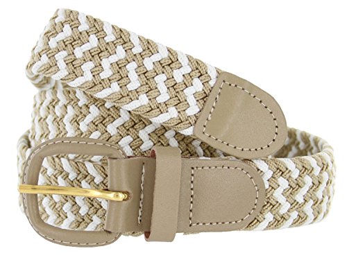 Belts.com Leather Covered Buckle Woven Elastic Stretch Belt, Beige/white, (XL(40