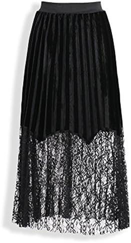 eleganceoo Women's 2018 New Lace Patchwork Skirt Shiny Shimmer Accordion Pleated Long Maxi Skirt-(Black Small)