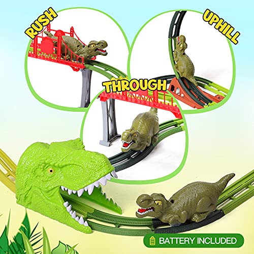 Dinosaur Track Toys Set, Rechargable Dinosaur Race Car, Flexible Tracks with Bridge/Ramps/Double 360° Loop, Assemble Track Toys to Create A Dinosaur World Road Race Great Gift for Kids Age 3+