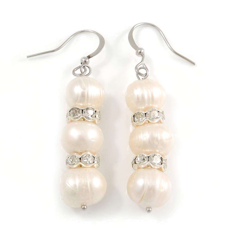 Light Cream Freshwater Pearl Crystal Drop Earrings (Silver Tone)