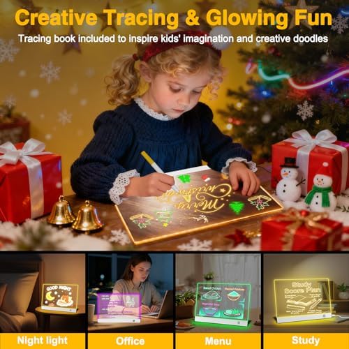 Tablero Acrílico Luminoso con Mensaje LED 30x20cm, Tablero de Notas Acrílico con 7 colores Bolígrafo,Soporte Ajustable,Tablero de Mensajes LED, Tablero de Notas LED Limpiable,para Niños, Adultos