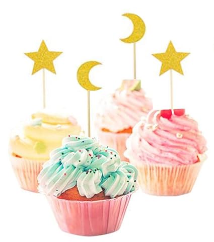 Amazon Com 40 Pack Of Glitter Star And Moon Cupcake Topper Picks
