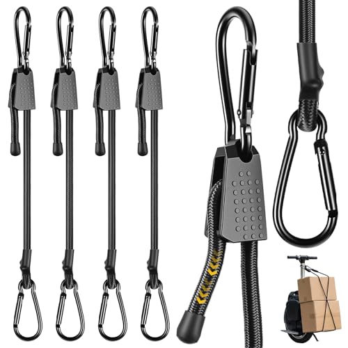 Hejo 4 Pieces Elastic Bungee Cord with Adjustable Hooks, 100 cm High Strength Durable Elastic Sandow with Carabiner, Black Latex Rubber Bungee Cord for Camping, Tarpaulins, Tents, Car and Motorcycle
