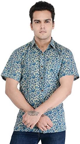 Padmini Negotium Men's Hand Block Jaipuri Print Blue Casual Cotton Regular Fit Half Sleeve Shirt