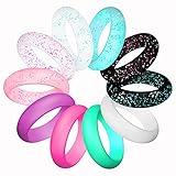LUNIQI Silicone Wedding Ring for Women, Thin and Stackable Durable Rubber Safe Band for Love, Couple, Souvenir and Outdoor Active Exercise Style-10 Rings Pack