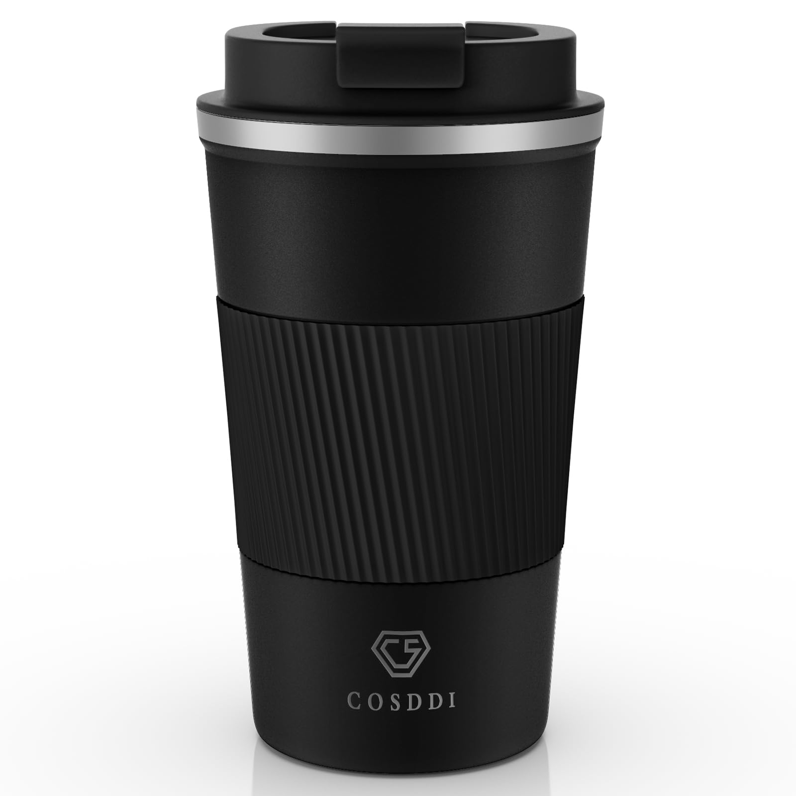 CS COSDDI Travel Mugs, Insulated Coffee Cup with Leakproof Lid - Reusable Coffee Cups Travel - Car Coffee Cup - Stainless Steel Coffee Mug for Hot and Cold Water and Tea (Black-A, 510 ml)