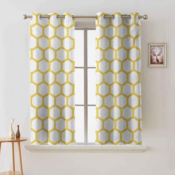 Jinguizi grommetsYellow and White soundproof Curtain Hexagonal Pattern