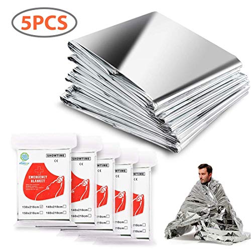 KONGDY 5 Pack Emergency Blanket Thermal Mylar Space Blanket Silver Foil Blanket Survival Blanket Windproof Waterproof Reusable Perfect Survival Gear for Outdoors, Camping, Hiking, Survival
