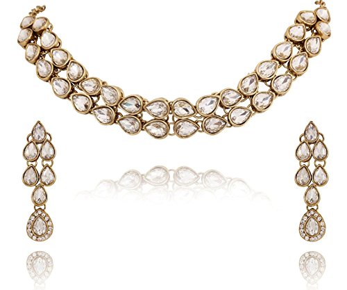 Bollywood Style Traditional Indian Wedding Jewelry Set Glass Kundan Necklace with Earrings for Women Bollywood Style Traditional Indian Wedding Jewelry Set Glass Kundan Necklace with Earrings for Women
