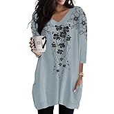 Poetsky Fall Tops 2025 Trendy 3/4 Sleeve Work Blouses Dressy Casual Going Out Top V Neck Leaves Print Tunic Shirts Trendy Women Clothing Grey M