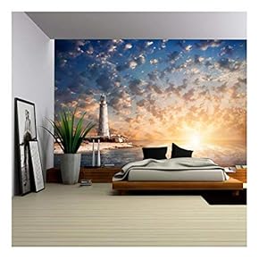 Lighthouse and Beautiful Sunset - Removable Wall Mural | Self-Adhesive Large Wallpaper - 66x96 inches