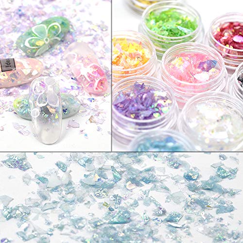 QIMYAR 12 Colors Nail Glitter Ice Mylar Shell Foil Slice Nail Art Decoration Tools (12 color)