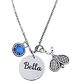 Personalized Tennis Racket Birthstone and Engraved Name Necklace, Custom Tennis Player Jewelry - Tennis Necklace For Women, Teens & Girls