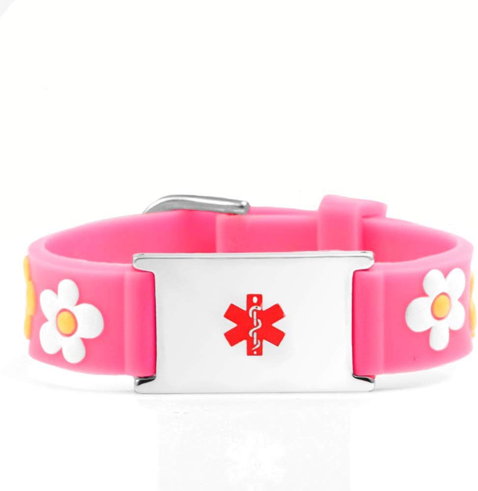 StickyJ USA Girls Medical ID Bracelet Pink with Flowers