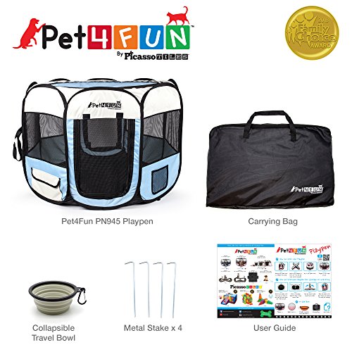 PicassoTiles PET4FUN PN935/PN945 Portable Pet Puppy Dog Cat Playpen Crates Kennel w/Water Resistant 600D Oxford, 210D Nylon, Carrying Bag, Collapsible Bowl, Removable Mesh Cover 2 Sizes