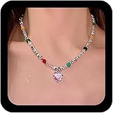 Jugielu Boho Pink Heart Choker Necklace Crystal Heart Pendant Necklace Colorful Faceted Beads Chain Necklaces Irregular Triangle Beaded Collar Choker Jewelry for Women