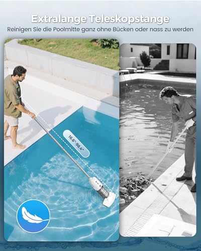 2026 Upgrade Pool Vacuum Cleaner Battery, Pool Handheld Vacuum Cleaner with Operating Time up to 70 Minutes, 250 cm Extension Poles, Pool Cleaner with 180 μm Filter, Ideal for Above Ground Pool and