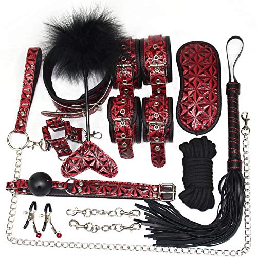 10 Piece Leather Bondage Restraints Set Kit for Bed and Under Bed Sex Play SM Bondage Toy Gear Wrist Cuffs Gags Collar Spanking Nipple Rope Strap On Harness for Women Couples Lesbian Female,Red