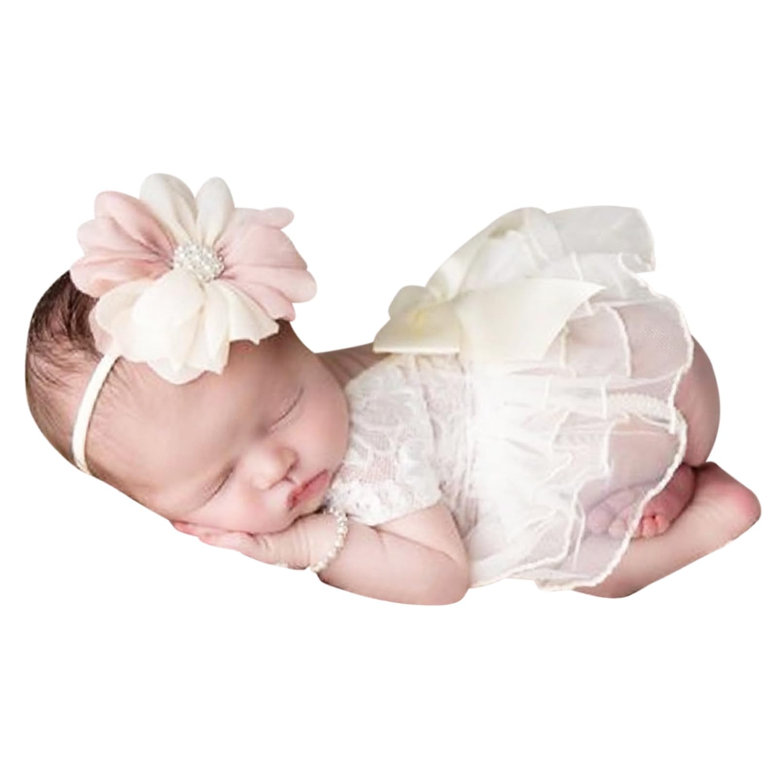 Photo 1 of *MISSING HEADBAND* Lace Newborn Girls Photography Prop Baby Girl Tutu Dress with Flower Headband Infant Photo Shoot Outfits Bow Tulle Skirt White