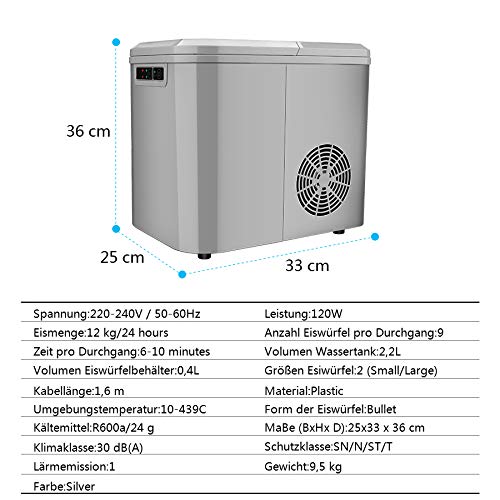 BMOT Eiswürfelmaschine, 12kg 24h Edelstahl Eiswürfelbereiter, 2.2L Wassertank, Eismaschine Ice Maker 120W, 2 Eiswürfel… – Bild 3