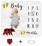 Cimkiz Baby Monthly Milestone Blanket for Boys and Girls Organic Premium Fleece Photography Background Blankets Bonus Floral Wreath + Bib Best Newborn Photo Prop Large (Bear)