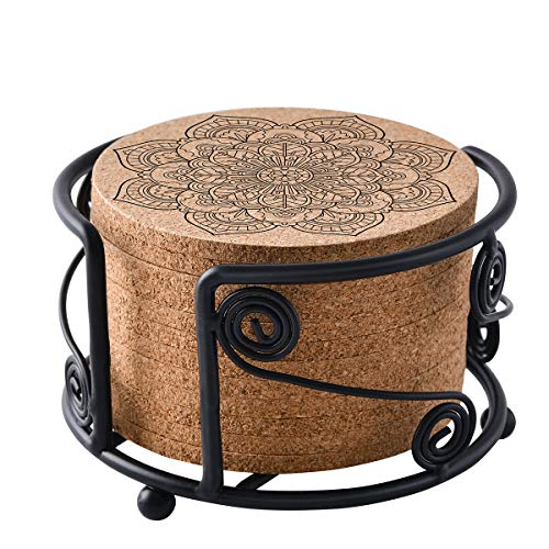 MASGALACC Cork Coasters for Drinks with Metal Holder-set of 12-4" x 4" -1/5" Thickï¼ŒAbsorbentï¼ŒHeat-Resistant - for Office Home or Cottage