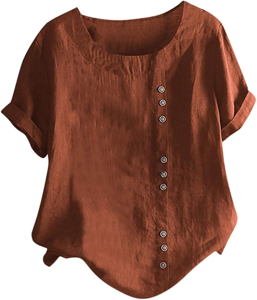 Brown,XL Womens Linen TShirt Sale Casual Short Sleeve Button Down