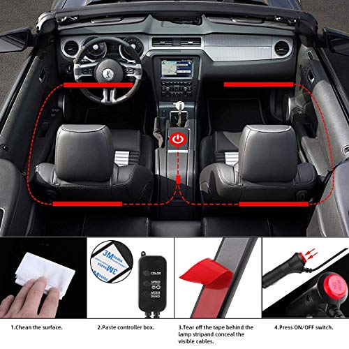 TATUFY Car LED Strip Lights, 4pcs 48 LED DC 12V Interior Car Lights Bluetooth App Control Lighting Kits Multi Color Music Car Strip Lights with Sound Active Function for Smart Phone