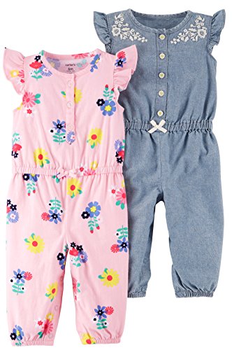 Carter's Baby Girls' 2-Pack One Piece Romper, Pink Floral/Chambray, 24 Months