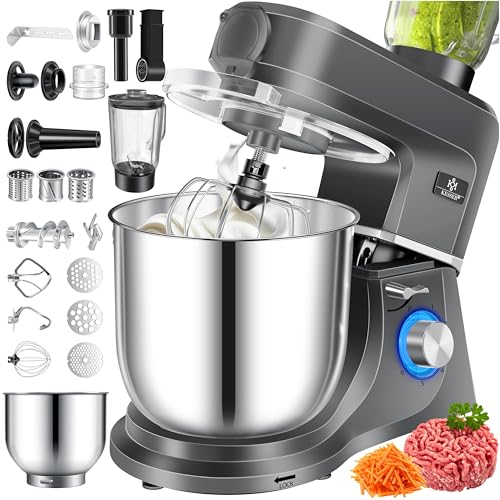 KESSER® Küchenmaschine 3in1 mit Fleischwolf & Mixer, 1500W Knetmaschine 5,5L Rührschüssel + Spritzschutz, 6 Geschwindigkeiten, Knethaken, Schneebesen,