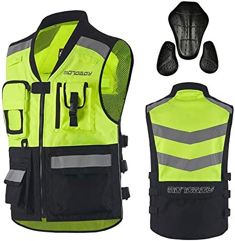 TIANQING High-end Motorcycle Reflective protective vest, With chest protector 2 pieces back 1 piece Pocket Adjustable Waist Comfy, for motocross riding,Blackyellow,M