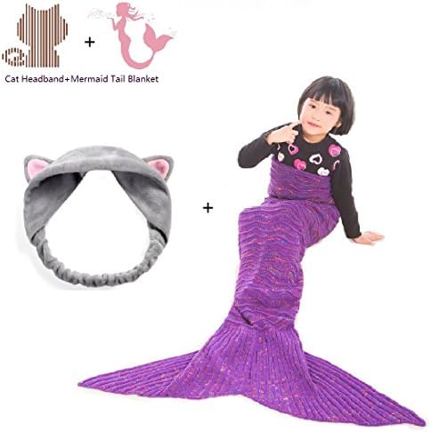 iBose Kids Mermaid Tail Blanket Cat Headband Weighted Throws Set for Little Girls Adult Women Long Extra Size Fin Fun Fishtail Blankie Soft Warm Snuggie Pattern Leisure Room Sleeping Bag Car Camp