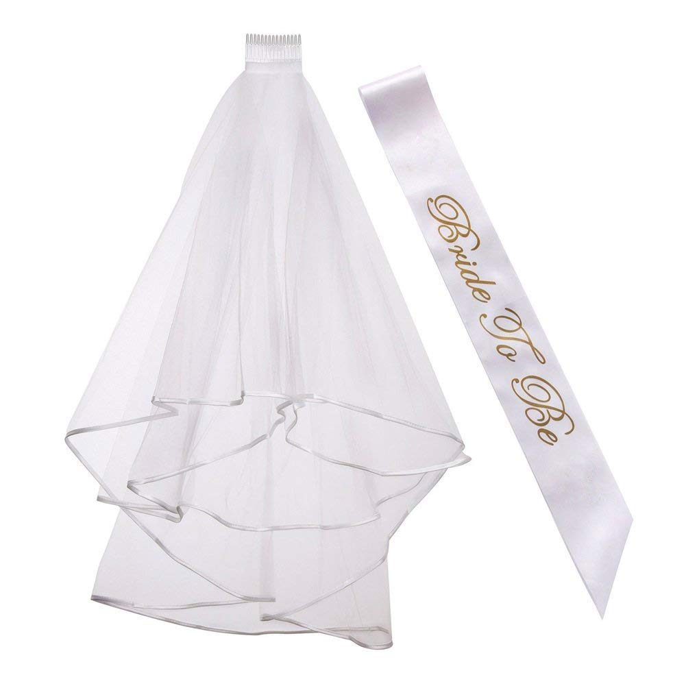 Rmeet Bride to Be Sash and Veil,White Bridal Wedding Veil with Comb+Gold Bride to Be Banner Hen Party Accessory for Bridal Shower Hen Night Party Decoration