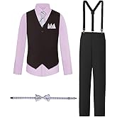 Joqeif Boys Suits Formal Dress Vest and Pants Set for Kids Teens Boy, with Shirt Bowtie and Suspenders, Adjustable Waist