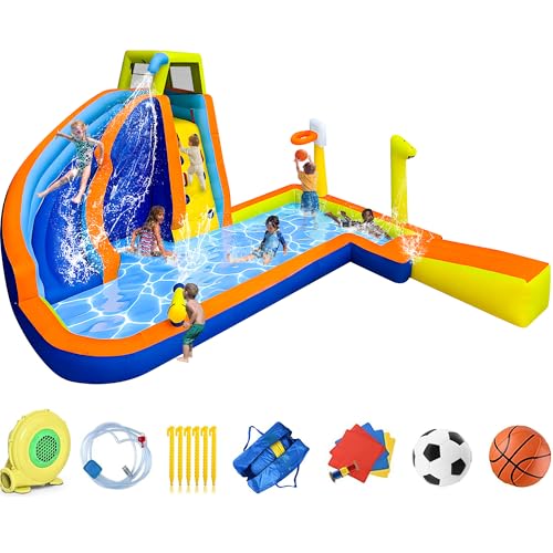 RETRO JUMP Inflatable Water Slide 8 in 1 Bounce House for Kids Backyard Waterslide with Slide,Climbing Wall,Splash Pool,Basketball Rim,Sprinkles,Water Gun,480W Blower Included,Water Park for Summer