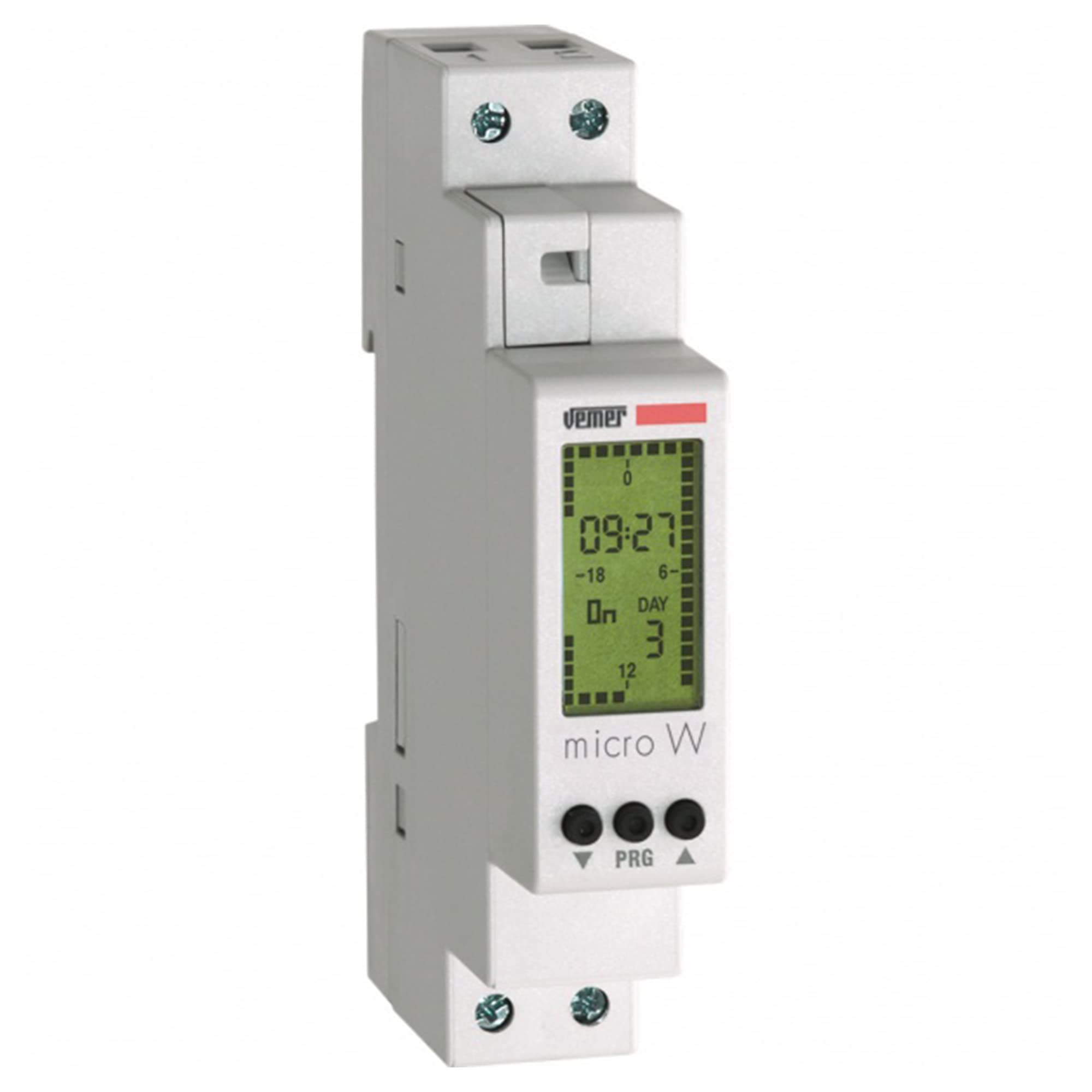 VEMER VE758200 model MICRO W Digital time switch with weekly programming. DIN rail mounting. Color grey