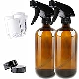 16oz Empty Amber Boston Spray Bottles (2 Pack) - Refillable Container with Trigger Sprayers, Caps and labels, Glass Bottle for Essential Oils, Cleaning, Room Spritzers or Aromatherapy by THETIS Homes