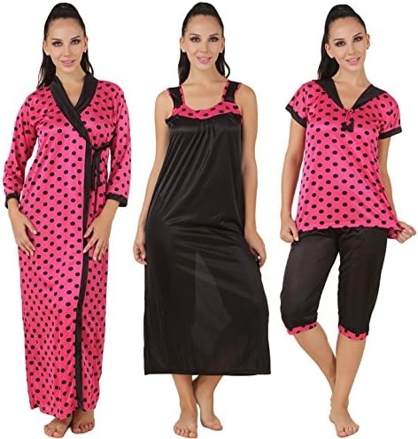 Fasense Women's Satin 4 Pc Set Of Long Nighty Wrap Gown Top & Capry