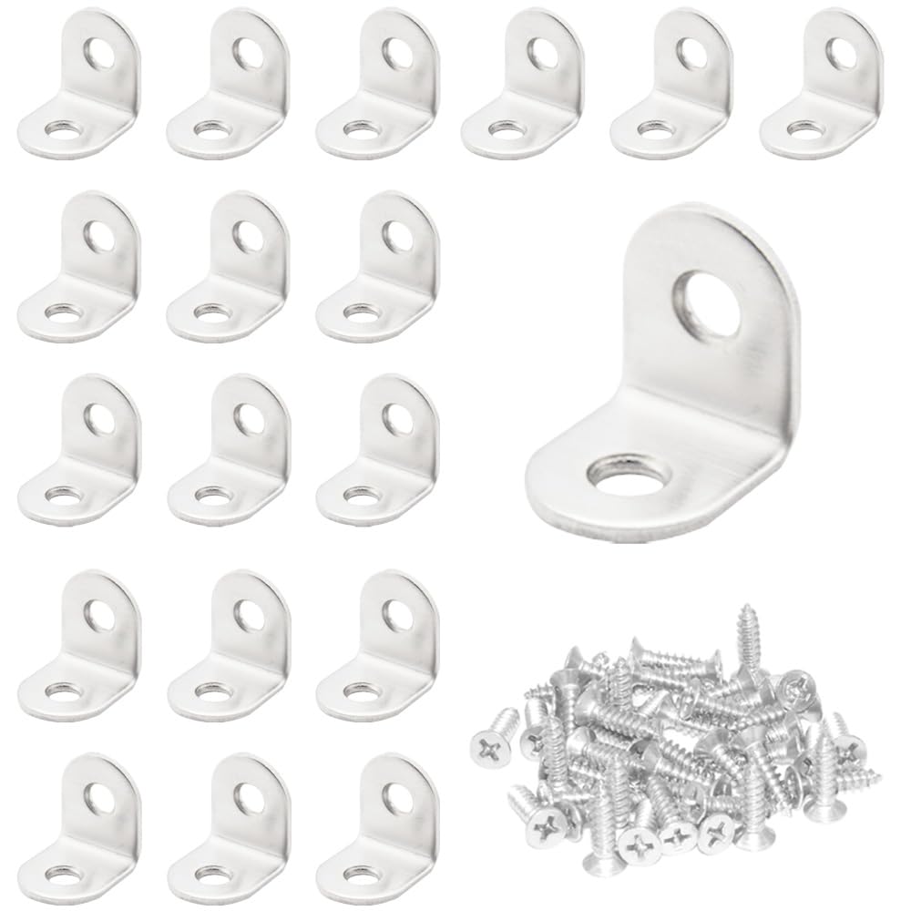 CEEYSEE 20pcs L Brackets 20×20mm Stainless Steel 90 Degree Shaped Angle Corner Bracket with 40 Stainless Screws for Fixing Wood Furniture Tables Chairs Door Window Bookshelves etc(U20)