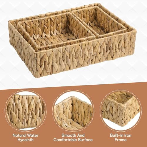 Excefore Wicker Basket, 3-Pack Natural Water Hyacinth Storage Baskets with Built-in Handles, Rectangular, for Home & Kitchen Organization