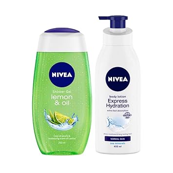 NIVEA Shower Gel, Lemon & Oil, 250ml and NIVEA Body Lotion, Express Hydration With Sea Minerals, 400ml