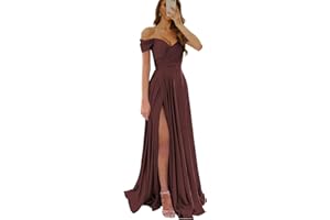 Wirunsy Women's Off The Shoulder Bridesmaid Dresses with Slit Satin Formal Gowns Long Prom Evening Party Dress with Pockets